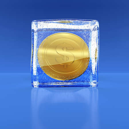 Coin by dignity in a dollar in the block of iceの写真素材