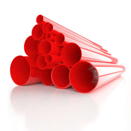 Lot of folded red plastic pipesの写真素材