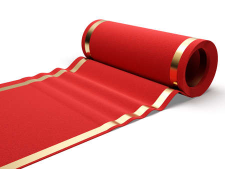 Classic rolling red carpet on white background  3d render illustrationの写真素材