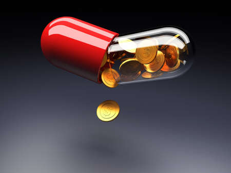 Golden coins with dollar sign pouring from an open medical capsule. 3d render illustrationの写真素材
