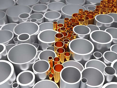 Gold innovative pipe on the background of the ordinary. The concept of innovation