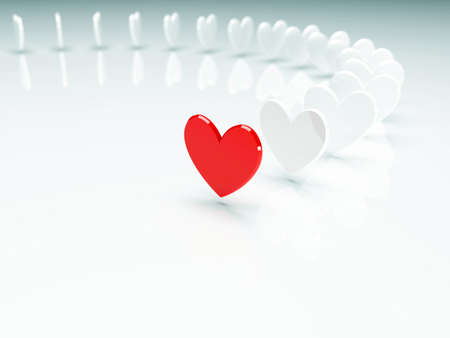 Unique red heart ahead of white hearts. 3d render illustrationの写真素材