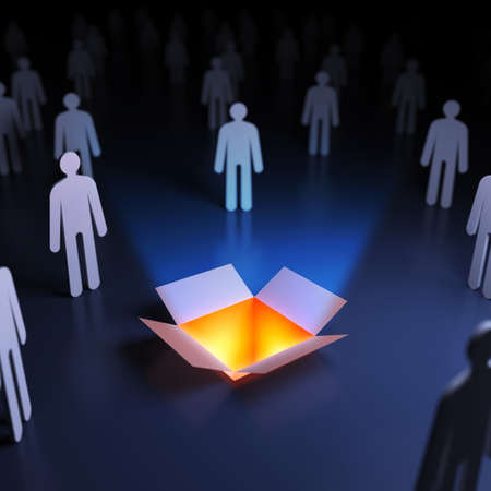 People around the open box. Abstract innovation. 3d render illustration