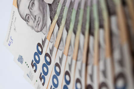 Ukrainian money background. 500 hryvnia banknotes closeup. Selective focus.