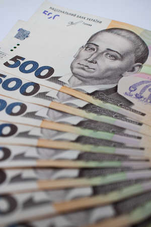 Background from ukrainian money. 500 hryvnia banknotes closeup.