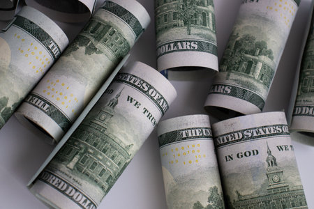 100 dollars in rolls closeup. Money background. American money.の写真素材