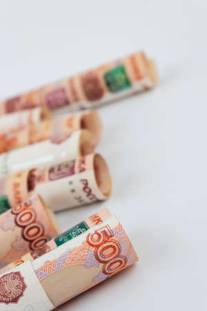 Russian banknotes on a white background. Money background.の写真素材