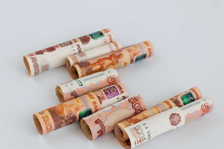 Russian banknotes on a white background. Money background.の写真素材