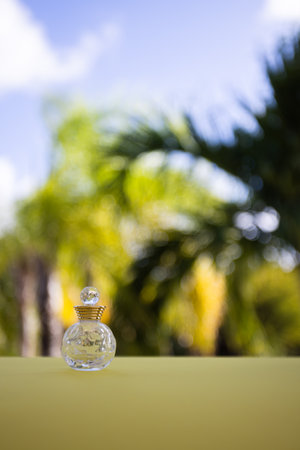 Small bottle of cosmetic liquid on a palm leaves background. Selective focus.の写真素材