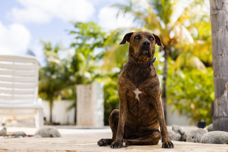 Dog is sitting near sun bed between palm trees. Portrait of the dog guarding a garden.の写真素材