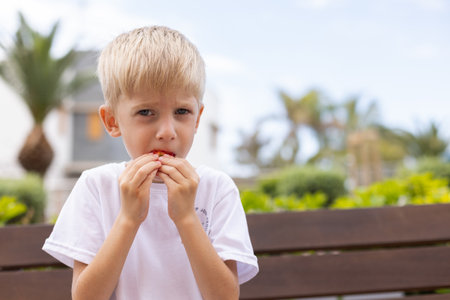 Little blonde boy eating strawberries on a bench.の写真素材