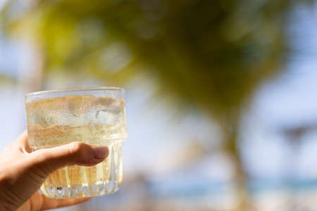 Womans hand holding glass of cold drink with ice on a palm leaves background.の写真素材