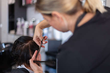Cutting hair at hairdresser. Treat hair at beauty salon. Closeup. Selective focus