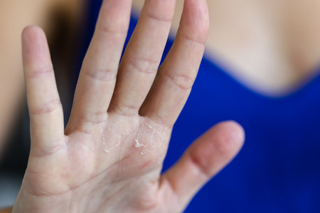 Woman shows problem with dry skin on the hand. Closeup. Selective focus.の写真素材