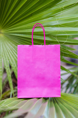 Pink paper bag on a palm leave, closeup. Mockup.の写真素材