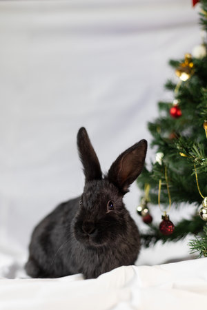Portrait of little black rabbit near Christmas tree. Closeup.の写真素材