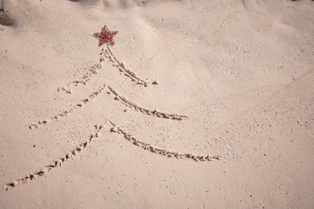 Christmas tree drawn on the sandy beach with red star.の写真素材
