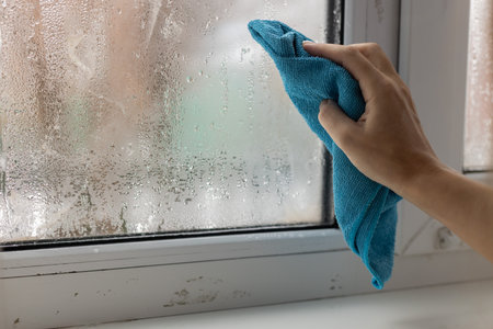 A womans hand wipes the condensate from the window glass with a towel.の写真素材