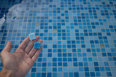 Hand holding small tile from floor of swimming pool. Reconstruction of the swimming pool.の写真素材