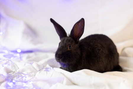 Little black rabbit on a white background with Christmas lights.の写真素材