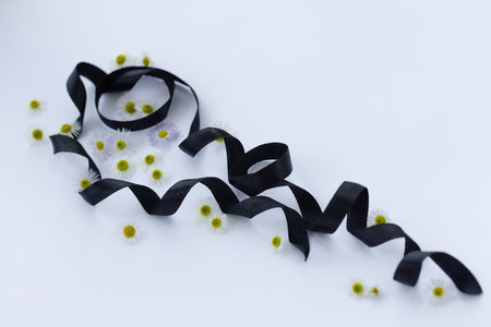 Black ribbon on a white background with small white wid flowers.の写真素材