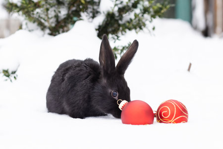 Black rabbit sniffing red Christmas ball. Rabbit sitting on the snow outside with Christmas balls.の写真素材