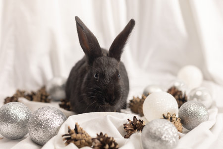 Small black rabbit on a white background with silver Christmas balls and cones. Selective focus.の写真素材