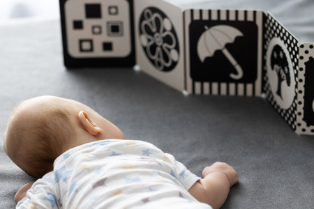 Baby looking at black and white contrast book.の写真素材