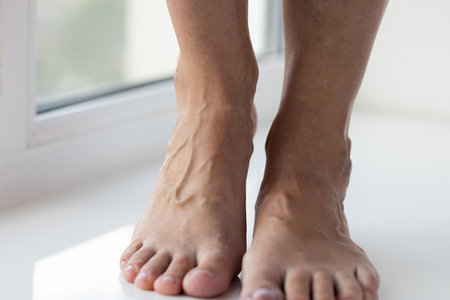 Barefoot woman with varicose veins on the legs. Closeup.の写真素材