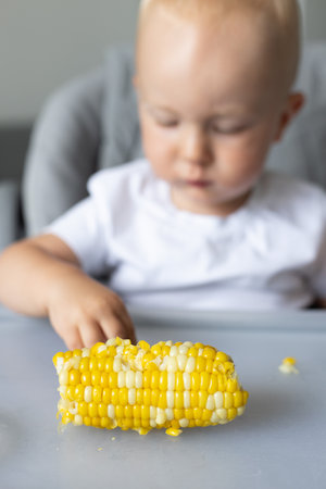 Toddler eating sweet corn cob. Selective focus.