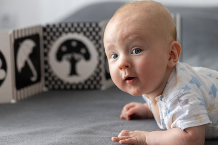 Portrait of the curious newborn baby with black and white contrast book.の写真素材