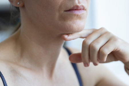 Woman trying to keep her head level for correct posture.の写真素材