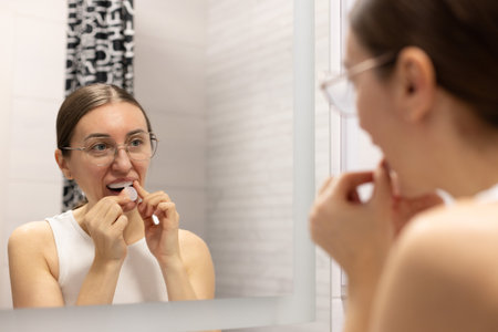 Whitening teeth at home. Woman using tray with special gel for whitening teeth.の写真素材