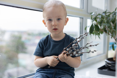 Little child holding the pussy willow twigs. Palm Sunday concept. Closeup, selective focus.の写真素材