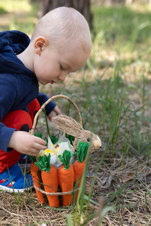 Little child observing what is in his Easter basket.の写真素材