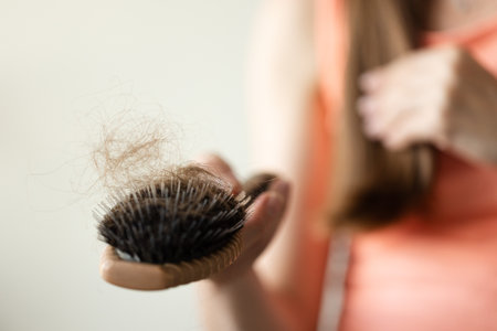 Healthy concept. Woman shows her brush with long loss hair. Closeup, selective focus.の写真素材