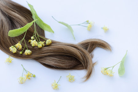 Female hair with yellow linden flowers. Closeupの写真素材
