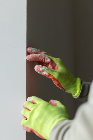 Worker checking a window slope. Preparation of window slopes before painting.