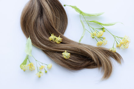 Female hair with yellow linden flowers. Closeupの写真素材