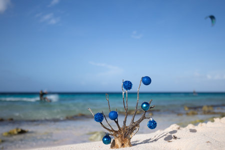 Corals decorated with blue balls standing on the sand beach with blue sea behind it, with a kitesurfer away.の写真素材