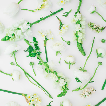 Background of spring flowers. Pattern made of white flowers - ranunculus, snapdragon and tulip on white background. Flat lay, top view.の写真素材