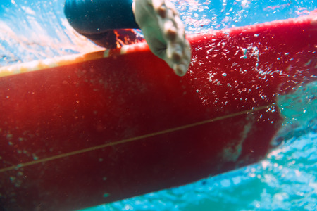 Surf girl in wetsuit - surfer floats on red surf board in underwater. Surfer and oceanの写真素材