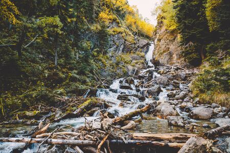 Waterfall and mountain river with rocks in autumn forestの写真素材