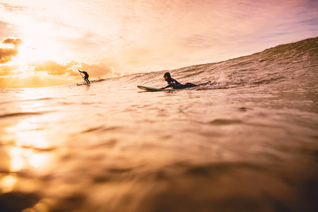 Wave in the ocean at sunset or sunrise with surfers. Water sport in ocean