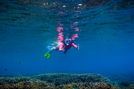 Young woman in pink swimwear. Underwater swimming in the tropical ocean
