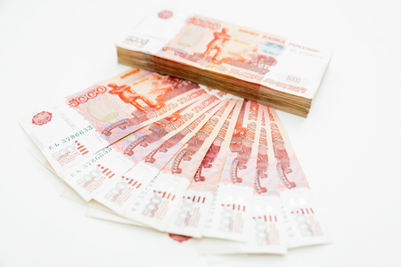 Russian banknote. 5000 rubles on white background. Flat lay, top viewの写真素材