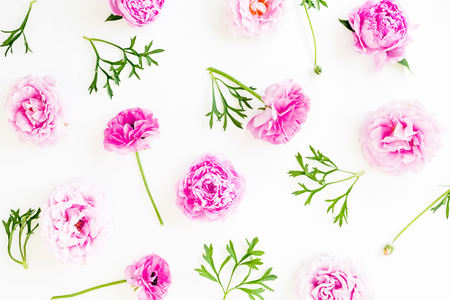 Floral pattern with pink peonies. Flat lay, Top view. Flowers texture.の写真素材