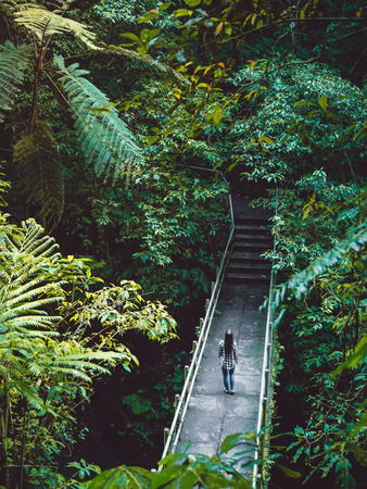 Tropical plants and woman traveller in jungle. Bali, Indonesiaの写真素材