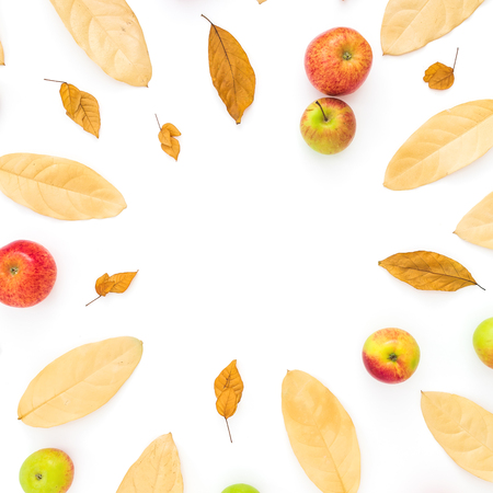 Autumn composition. Frame made of autumn dried leaves and apple fruits on white background. Flat lay, top view, copy spaceの写真素材