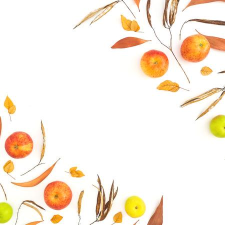 Autumn frame of fall yellow and red apple fruits on white background. Flat lay, top view....